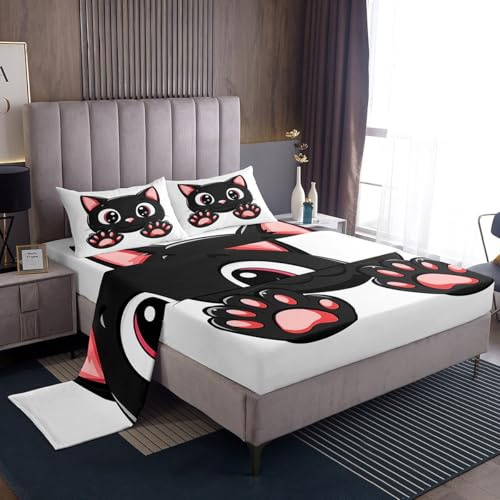 Loussiesd Set di biancheria da letto per bambini, ragazzi e ragazze, motivo gatto nero, con 2 federe, 4 pezzi, king size, 1 lenzuolo con angoli, 2 federe, 1 lenzuolo con angoli, 2 federe, 1 lenzuolo