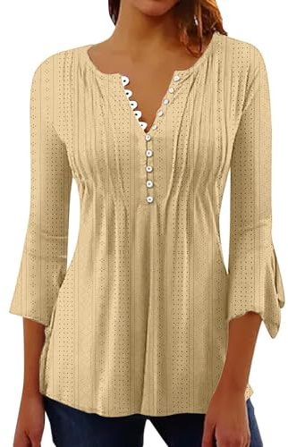 Cocila Camicette da Donna Eleganti E Casual con Scollo A V Camicie Abbottonate Camicetta Tunica Maniche 3/4 Svasata Pieghe Casacche Estive Camicette Bianche Cotone Maglie Maniche Corte