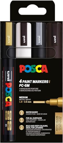 POSCA - Acrylmarker PC-5M 4er Set Gold & Silber 1,8-2,5 mm | 4 Marker in Metallicfarben, wasserbasierte Pigmenttinte, hohe Deckkraft, austauschbare Spitze
