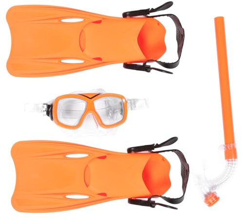 POPETPOP Kinder Schnorchelausrüstung 3 Stück Kunststoff Schnorchelmaske Mit Weitwinkelobjektiv Und Kurze Schwimmflossen Orange Größe 35-39 Für Schnorcheln Und Schwimmen