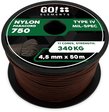 GO!elements Paracord 750 Tipo IV | Cuerda de Nylon 100% Resistente y Extremadamente Estable | ø 4,5 mm - 11 núcleos - MAX. 340 KG | Cuerda Multifuncional y reepsnoer para Supervivencia, Camping