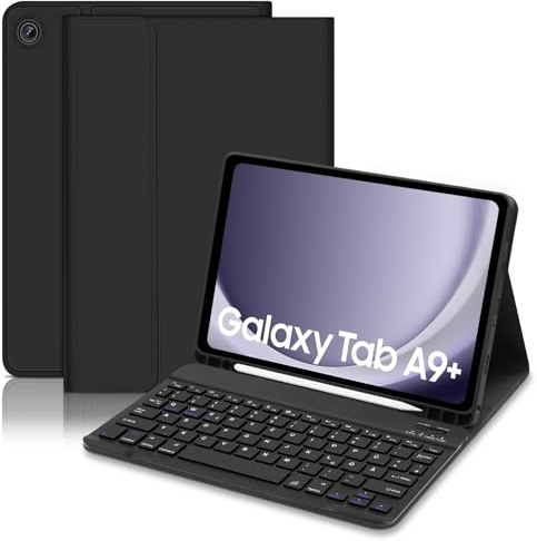 Samsung Galaxy Tab A9 Plus 11 Zoll 2023 Hülle Tastatur, Galaxy Tab A9 Plus Hülle mit QWERTZ Deutsches Tastatur, Magnetische Abnehmbare Keyboard Schutzhülle mit Stifthalter für Samsung A9+, Schwarz