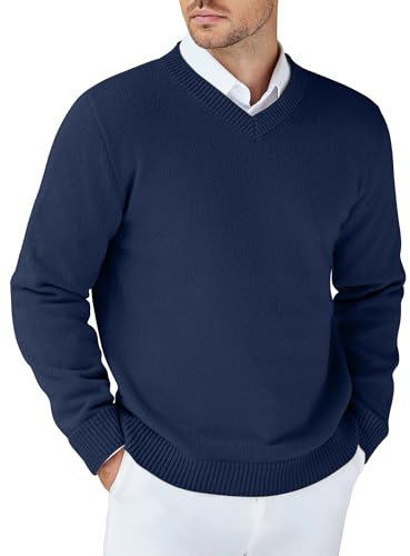 COOFANDY Jersey Business Hombre Cuello V Punto Grueso Invierno Slim Fit Suéter Elegante Azul Marino L