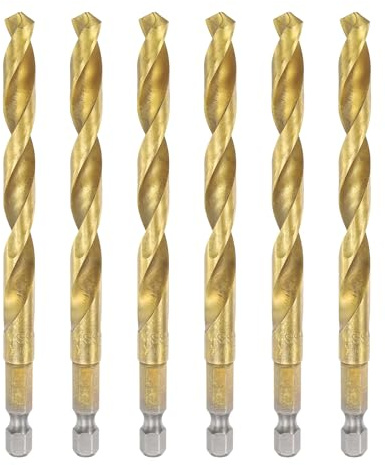 sourcing map 6pcs 1/4 Hex Shank Titanium Twist Drill Bit 8mm Drilling Dia 117mm Length High Speed Steel Drills for Hardened Metal, Stainless Steel, Cast Iron, Wood, Plastic