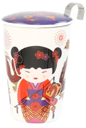 Eigenart Teaeve Sweet Little Geisha Fire doppelwandiger Becher aus Porzellan mit Deckel und Edelstahlsieb, BPA frei, 350ml, 80066