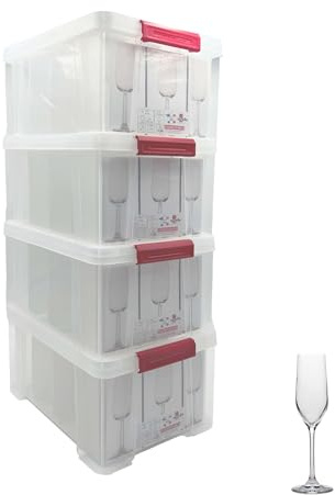 Sundis Champ Store, boîte de rangement pour verres avec couvercle, lot de 4 | Robuste, transparente, capacité 12 verres, diamètre max de 8 cm, hauteur max de 20,5cm, clips de fermeture, superposable
