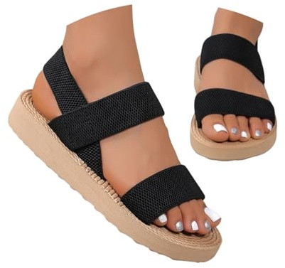 Sandales Plateforme Femme Nu-Pieds Confortables Sandale Élastique Sangle Tricot Sandale Femme Ete Plate Respirantes Semelles épaisses Compensées Sandales Chaussures Mode