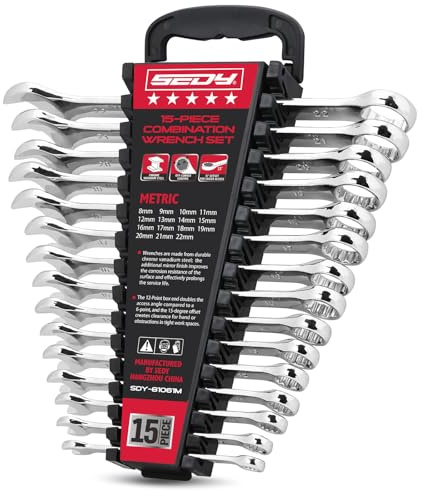 15-Piece Metric Combination Wrench Set, 8–22mm 12-Point Open End and Box End Wrench Kit with Organizer, Chrome Vanadium Steel Tools for Mechanics, Garages and Workshops