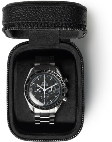 TAWBURY Single Watch Travel Case - Genuine Top-Grain Leather Watch Box for Men & Women with Metal Zipper and Extra Wide Pillow for Large Watches (Black)
