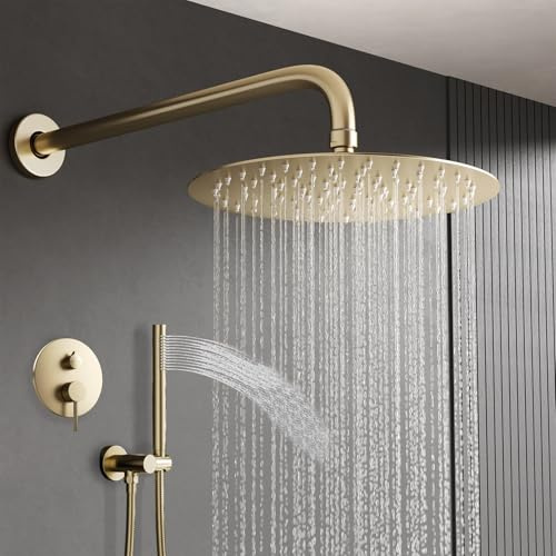 Billg Set Doccia da Incasso Oro Spazzolato, Colonna da Doccia Incassato in Ottone, Montaggio a Parete Soffione Doccia a Pioggia con 25cm Soffione e Doccetta, Installazione a Parete Facile