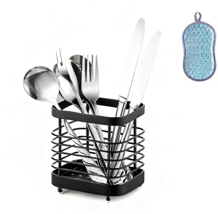 Simpcozy Cutlery Drainer, ,Stainless Steel Kitchen Utensils Holder, Quick Drying Hollow Out Cutlery Holder Tableware Storage (Black)