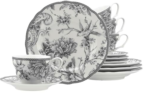 CreaTable, 24766, Serie Adelaide Grau, 12-teiliges Geschirrset für 4 Personen, Kaffeeservice aus Porzellan, spülmaschinen- und mikrowellengeeignet, Qualitätsproduktion