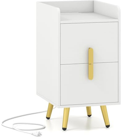 GIANTEX Nattbord med laddningsstation, sängskåp med uttag och 1 USB & 1 typ C-anslutning, sidobord soffbord med 2 lådor, sängbord, nattkonsol, metallben, 32 x 40 x 60 cm