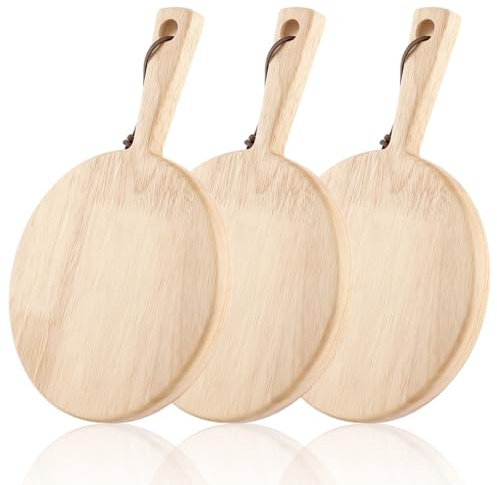 CYEER 3pcs Pizza Boards with Handle, Wooden Chopping Cheese Boards, Diameter 17cm/6.7inch, Round Serving Boards for Serving Steak, Bread, Fruits, and Vegetables