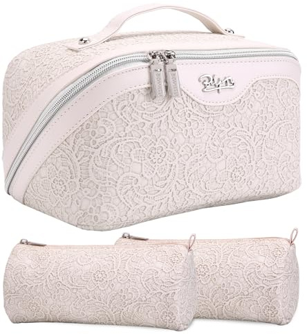 BOYATU Travel Makeup Bag Organizer Cosmetic Bag: 3 Pcs Set Make up Bags for Women with Handle - Waterproof Vegan Leather Toiletry Bag (White)
