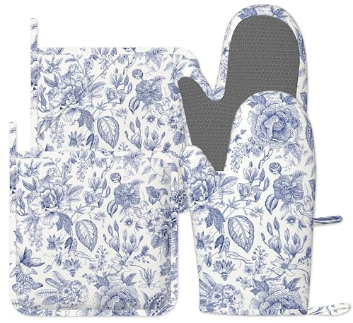 Vintage Flower Oven Gloves Heat Resistant, Oven Mitts and Pot Holder Blue and White Leaves Kitchen Non-Slip Silicone Cooking Microwave Gloves for Cooking Baking Grilling