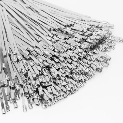 500 Pcs Stainless Steel Cable Ties, 4×300mm Metal Cable Tie, 304 Stainless Zip Ties with Steel Ball Stopper, Suitable for Exhaust Wrapping, Binding Tie, Garden Repair and Fixed Fence, Silver