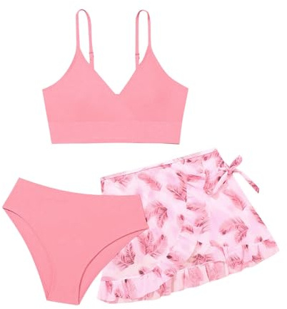 Bikini Niña Bañadores Conjunto de Bikinis para Niñas 3 Piezas Traje de Baño Verano Top Bikini Tirantes Ajustables Shorts Bikini Cintura Altafalda y Falda Estampada