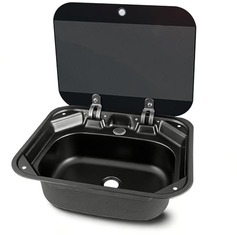 WPWSDWMX 42 X 37 cm Wohnmobil-Spülbecken mit Deckel, Edelstahl 304, Schwarz, mit Abfluss, Kompaktes Spülbecken für Wohnwagen und Wohnmobile