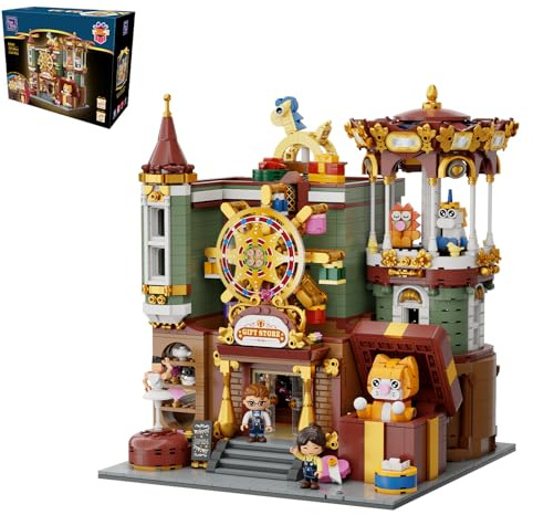 PANTASY Geschenkeladen, modulares Klemmbausteine Set | Motorisiertes Märchenhaus mit Karussell, Riesenrad, aufklappbarer Rückwand und detailreichem europäischem Interieur