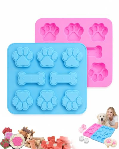 YIPFEN Stampi Silicone per Gelato, Biscotti & Ghiaccioli per Cani, 2 Pezzi (Rosa/Blu), Forme Zampa & Osso, Antiaderente Alimentare per Snack Fatti in Casa.