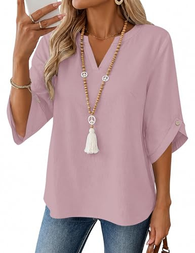 iWoo Womens 3/4 Sleeve Tops V Neck Ladies Blouses Cotton Linen Top Tunic | Casual Loose Fit Summer Top Elegant Shirts for UK Fall Shirt