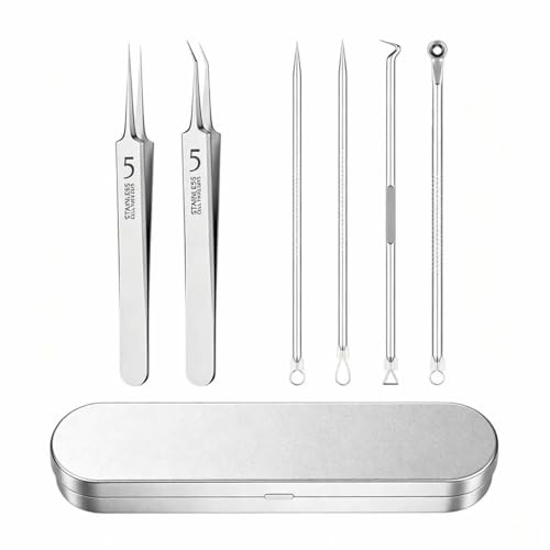 Mitesserentferner Set, 6-teiliges Edelstahl Komedonenquetscher Set, Porenreiniger Werkzeuge mit Metallbox, zur Entfernung von Akne, Whiteheads und Blackheads im Gesicht – Silber