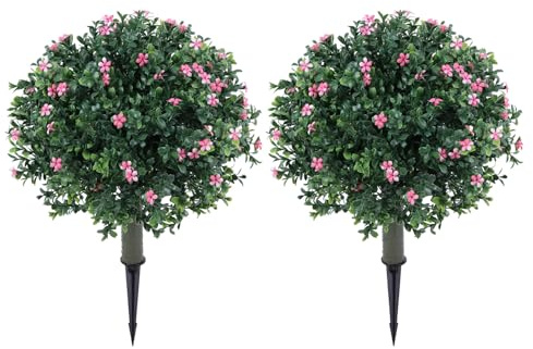 Tissting Topiaire Artificiel en Buis avec Fleurs, Plante Simulée Arbuste Rustique 17.8 Inch Résiste aux Intempéries Pas d'Arrosage pour Décoration Jardin Balcon Porche