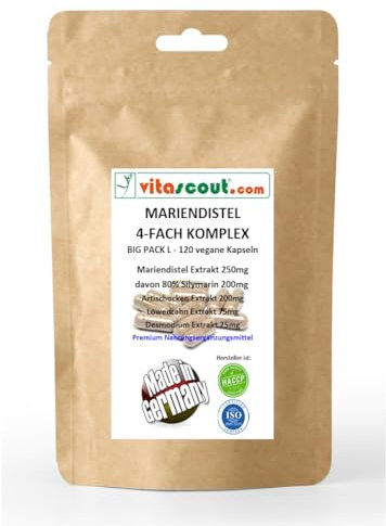 Mariendistel Artischocke Löwenzahn Desmodium 4-fach Komplex - 120 Kapseln vegan - Hochdosiert mit 80% Silymarin ohne Magnesiumstearat, GMO-frei - produziert in Deutschland LABORGEPRÜFT