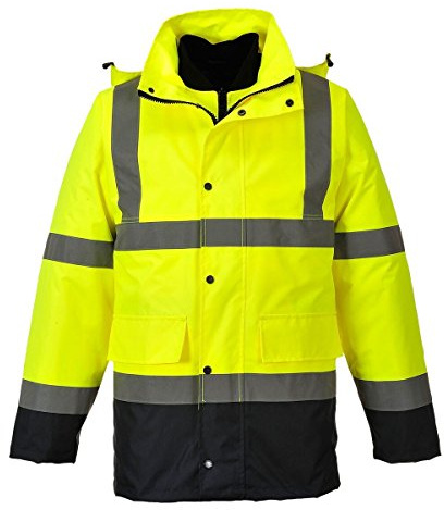 Portwest S471 4-in-1 Arbeitsjacke 8 Taschen Verstaubare Kapuze Druckknopf | Gelb/Marine, M, EN ISO 20471 Klasse 3, UPF 40+, 300D Oxford, Polyester, Innere Brusttasche, Elastische Bündchen, Langarm