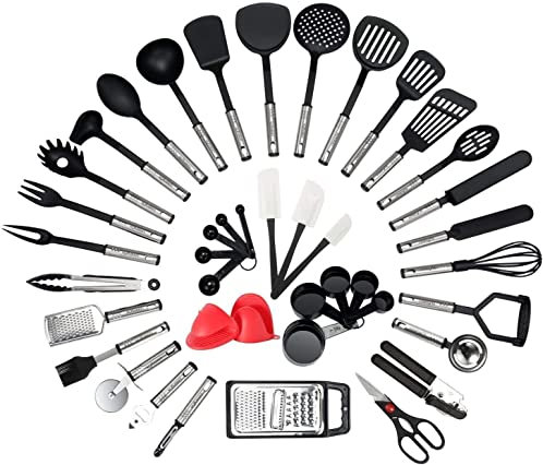 NEXGADGET Küchenhelfer Set, 42 Stücke Küchenzubehör Kochgeschirr aus Edelstahl & Nylon, Küchenutensilien Inkl. Löffel, Turners, Tongs, Schneebesen, Dosenöffner, Schäler, Schaber, Messbecher usw.
