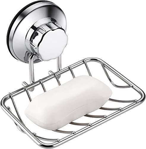 ARCCI Bar Soap Holder for Shower Wall, Stainless Steel Strong Vacuum Suction Cup Shower Soap Dish, Rustproof Wall Mouted Square Soap Sponge Holder Tray for Bathroom & Kitchen Sink, Chrome