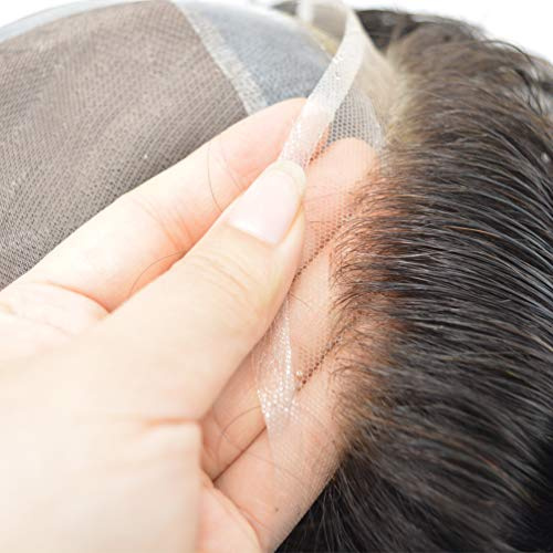 Hairnotion Herren Toupet Dauerhaft Feines Mono-Top mit PU Naturhaar Spitze Front Echthaar Perücke Männer #1B