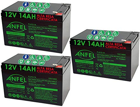 KIT 3 BATTERIE AL PIOMBO RICARICABILE 12V 36V 14AH PER BICI BICICLETTE ELETTRICHE MONOPATTINI QUAD ELETTRICI TRAZIONE ELETTRICA CONNETTORI DEEP F2 6,3 mm CYCLE 6-DZM-14 6DZM14