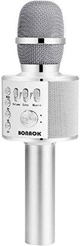 BONAOK Drahtloses Bluetooth-Karaoke-Mikrofon, Tragbares 3-in-1-Karaoke-Handmikrofon Geburtstagsgeschenk Home-Party-Lautsprecher für iPhone/Android/iPad, PC-Smartphone (Silber)