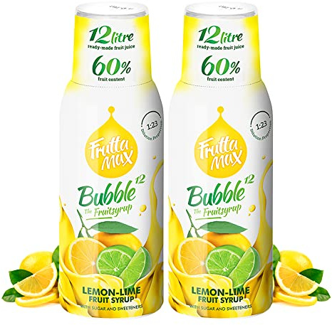 2 paquetes - FruttaMax - Concentrado de jarabe de frutas | Menos azúcar | con un 60% de contenido de fruta | adecuado para máquina de refrescos (2 x 500 ml) (2 x Limón-Lima)