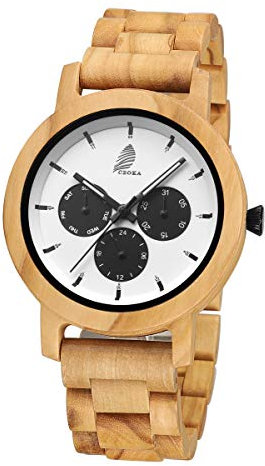 CZOKA Herren Damen Unisex Holzuhr, Natürliche Schwarze Walnuss/Olive Holz Armbanduhr Analog Quarzwerk mit Holzarmband Verstellbarem, Datumsanzeige mit DREI Datumsangaben (OlIve2)