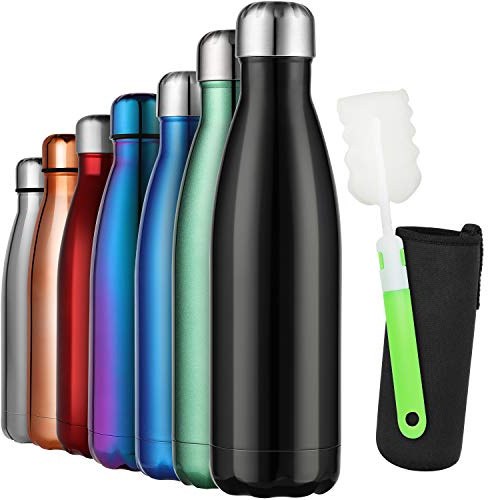 GeeRic Gourde Isotherme 500ML, Gourde Inox Isotherme à Double Paroi Isolée sous Vide 12 Heures Chaudes et 24 Heures Boissons Froides Bouteilles Noir