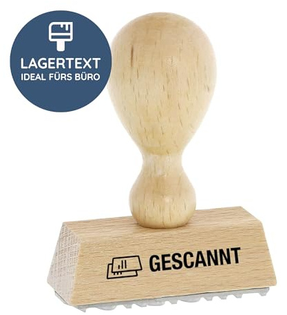 Stempel Gescannt, Holzstempel 50x20 mm, Dokumentenstempel | Fertigtext ohne Wartezeit für digitalisierte Belege und papierlose Ablage – Stempelkissen separat erforderlich