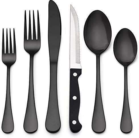 LIANYU - Set da 72 posate nere con coltelli da bistecca e posate nere per 12 utensili da cucina in acciaio inox, finitura a specchio, lavabile in lavastoviglie