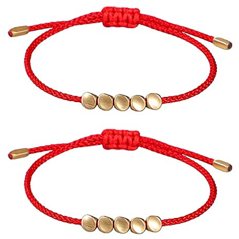 MENGLINA Bracelet tibétain fait à la main avec 5 perles irrégulières en cuivre et laiton - Feng Shui chinois porte-bonheur rouge - Chaîne réglable - Pour couple - Distance d'amitié - Cadeau de