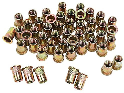 PRECIHW 100pcs Carbon Steel 5/16'' Rivet Nut, 5/16''-18UNC Flat Head Rivnut Threaded Insert Nuts Set, Rivnut Inserts for Automotive, Furniture, Decoration (Yellow Zinc Plated Finish)