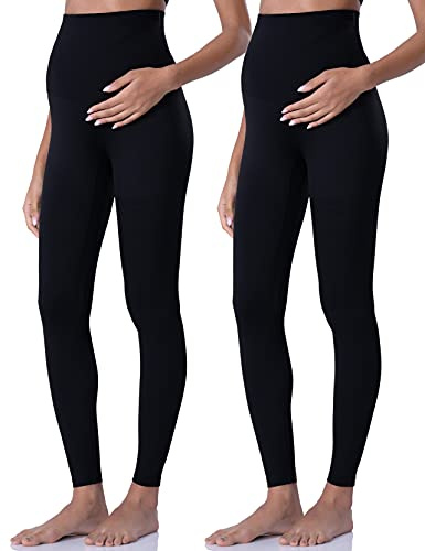 POSHDIVAH Maternity Leggings for Women Pregnancy Pants 2pcs Black X-Large