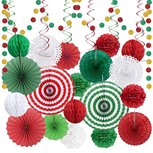 HONMOK 27Pcs Paper Christmas Hanging Decorations Christmas Paper Fans Red White Green Christmas Pom Poms Honeycomb Balls Swirl Hanging Ceiling Decorations for Xmas Party Room Decorations