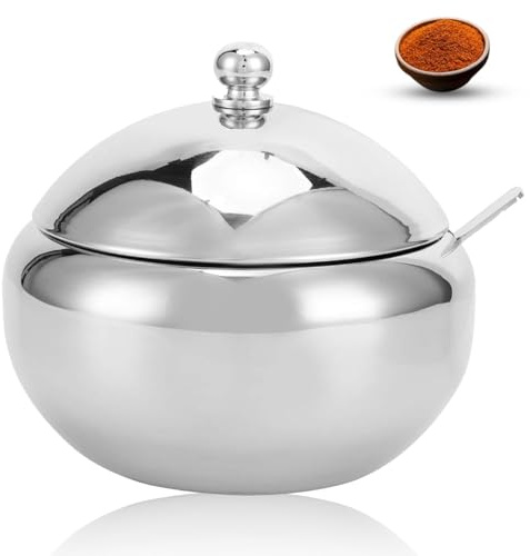 Cyrank Azucarero de acero inoxidable, recipiente pequeño para azúcar, sal, dispensador de azúcar plateado, recipiente para condimentos con tapa y cuchara para cocina, hogar(L)
