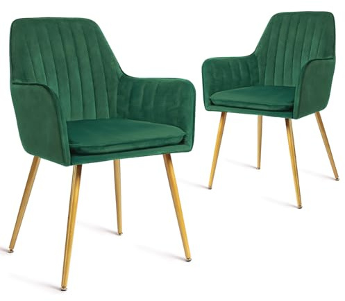 CangLong Set di 2 sedie da sala da pranzo Poltrona moderna con bracciolo per cucina, sala da pranzo e soggiorno, sedia da cucina con gambe in velluto oro, verde