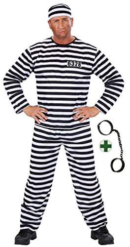 Karneval-Klamotten Kostüm Sträfling Knast Häftling Gefangener Sträflingskostüm Herren-Kostüm inkl. Oberteil Hose Mütze + Sträflingskette