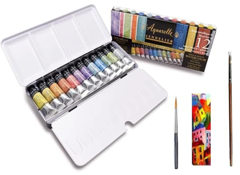Sennelier Boîte de Peinture Aquarelle irisée Extra-Fines, Boîte en métal 12 Couleur x 10ml avec 2 Pinceau