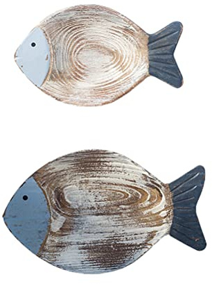 BICBLL 2 Stücke 3D Holz Fisch Wandbehang Dekor, Stranddekoration Fisch Meer Wand Kunst Dekor, Ozean-Badezimmerdekoration Nautische Wanddekoration, Wandbild Wandobjekt für Badezimmer Terrasse Garten
