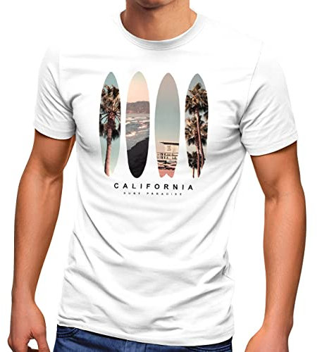 Neverless® Herren T-Shirt California Surf Paradise Surfboards Grafik Foto Print Kalifornien USA Amerika Sommer Fashion Streetstyle weiß L